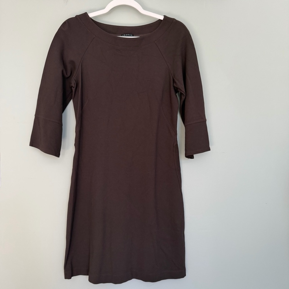 Theory Classic Dark Brown Boat Neck 3/4 Sleeve Shift Dress Minimalist Office